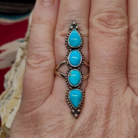 Southwest Sterling Silver Turquoise Long Blossom Ring Size 7.5 Knuckle Ring - Picture 2 of 6